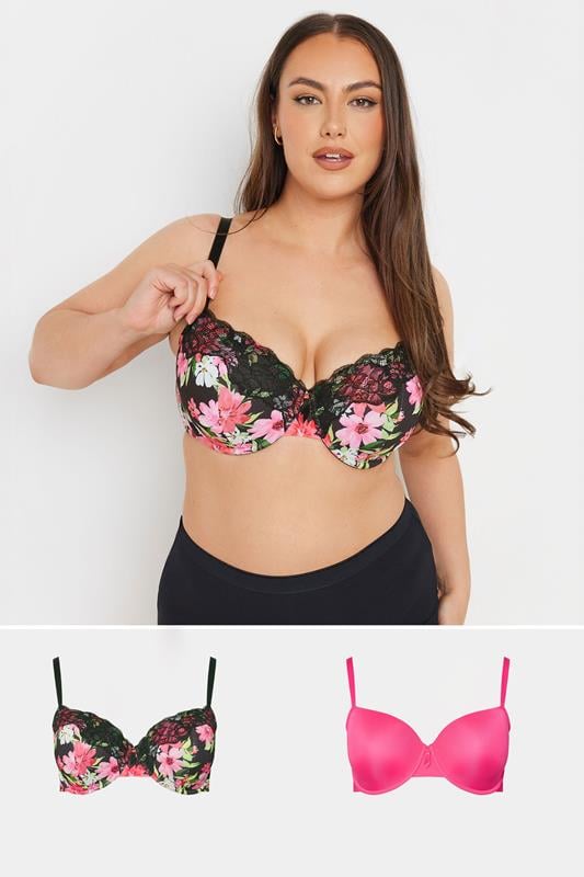 YOURS 2 PACK Curve Black & Pink Floral Print Padded Bras