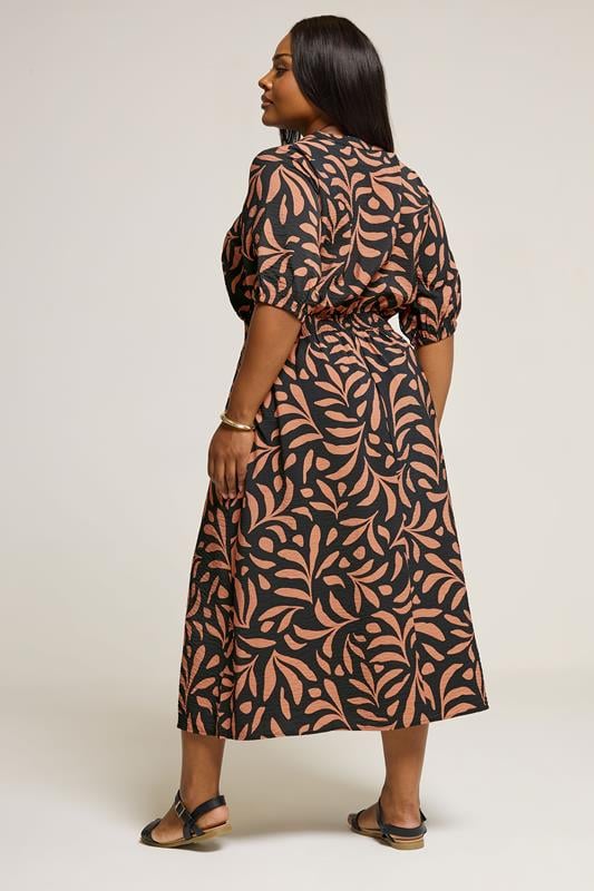 YOURS Curve Brown Leaf Notch Neck Midaxi Dress