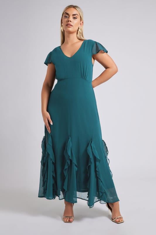 YOURS LONDON Curve Teal Blue Ruffle Godet Hem Maxi Dress