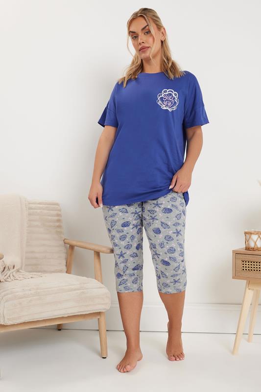 YOURS Curve Blue 'Shell Yeah' Graphic Cropped Pyjama Set