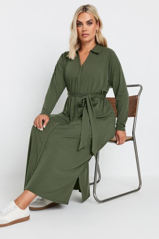 YOURS Curve Khaki Green Button Front Ribbed Tie Waist Midi Dress
