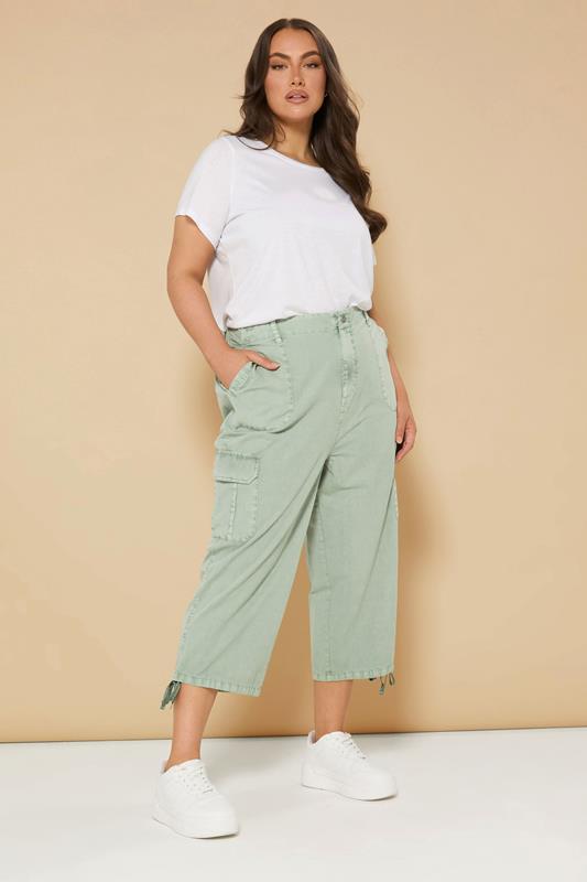 YOURS Curve Sage Green Cotton Cropped Cargo Trousers