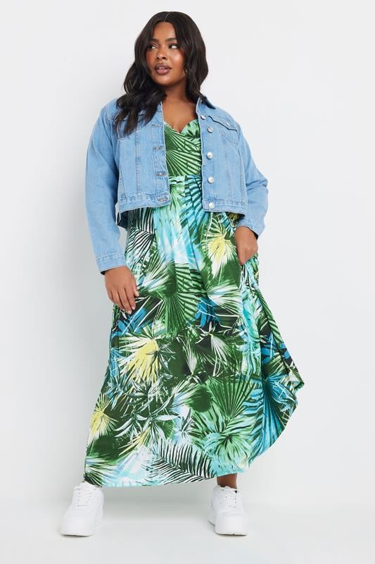 YOURS Curve Blue & Green Tropical Leaf Print Maxi Dress
