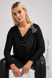 YOURS LONDON Curve Black Diamante Bow Detail Cowl Neck Top