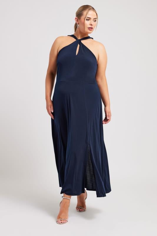 YOURS LONDON Curve Navy Blue Twist Halter Neck Maxi Dress