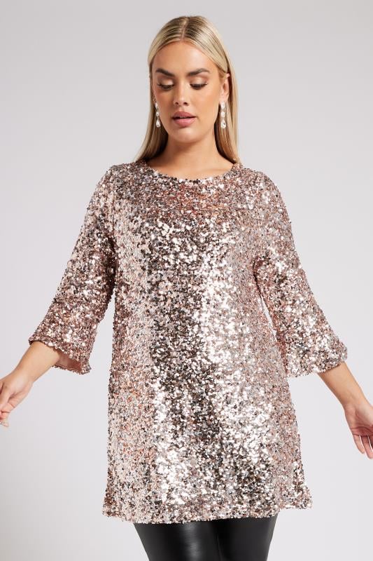 YOURS LONDON Curve Champagne Gold Sequin Flute Sleeve Top