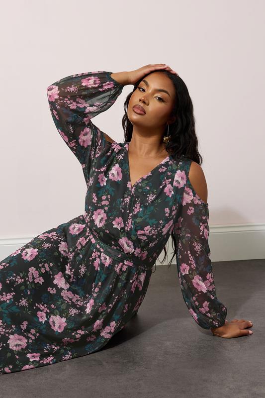 YOURS LONDON Curve Black Floral Print Cold Shoulder Dress