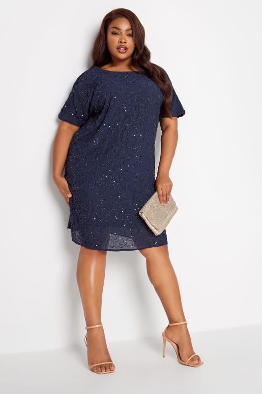 LUXE Curve Blue Sequin Hand Embellished Cape Dress