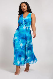 YOURS LONDON Curve Blue Floral Mesh Draped Maxi Dress