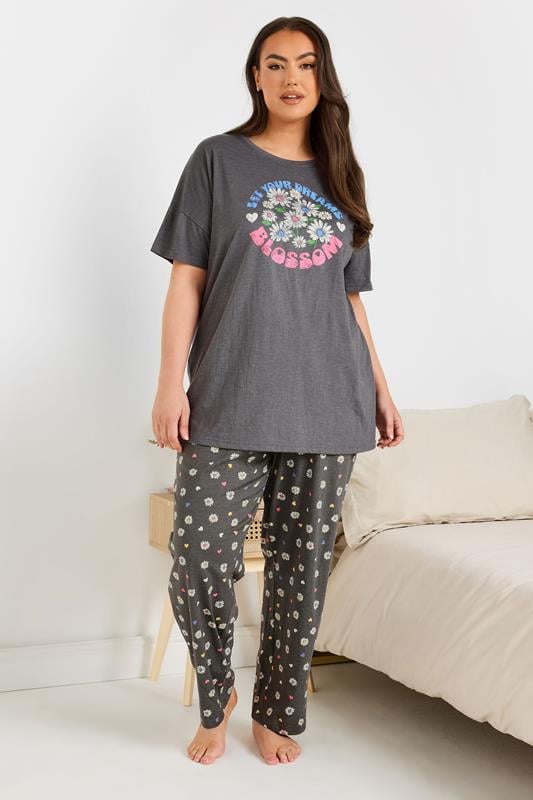 YOURS Curve Grey 'Let Your Dreams Blossom' Floral Wide Leg Pyjama Set
