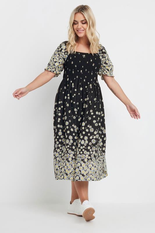 YOURS Curve Black Daisy Print Shirred Midi Dress