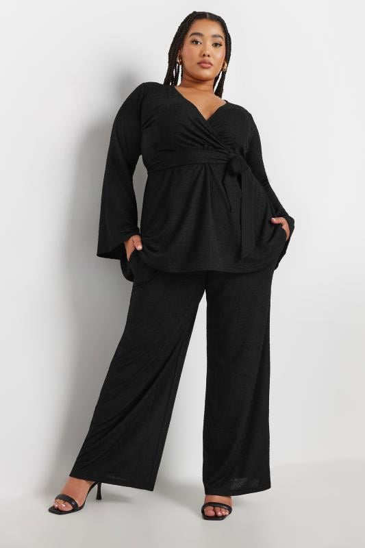 YOURS Curve Black Textured Flare Sleeve Wrap Top