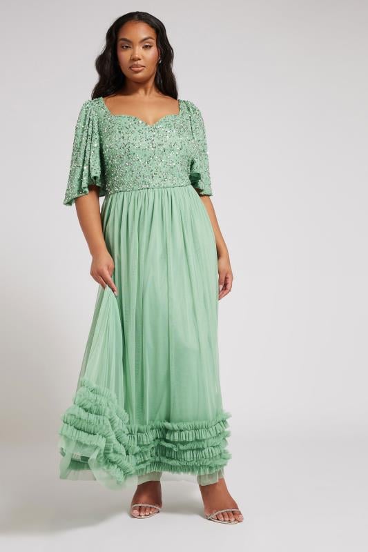 LUXE Curve Sage Green Embellished Ruffle Maxi Dress