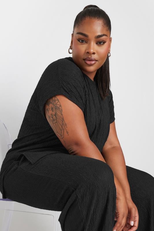 YOURS Curve Black Crinkle Plisse T-Shirt