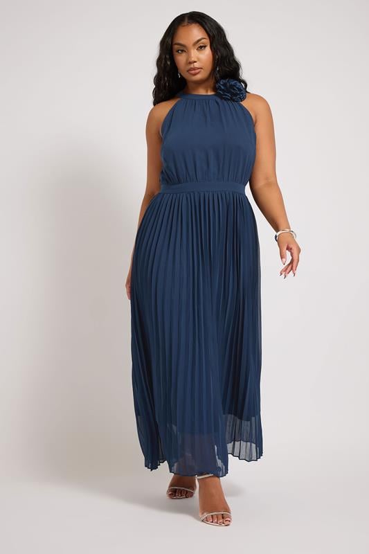 YOURS LONDON Curve Navy Blue Corsage Detail Pleated Maxi Dress