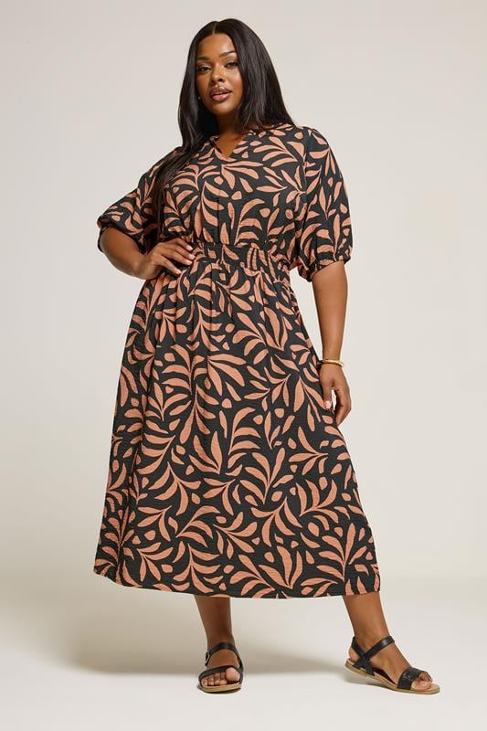 YOURS Curve Brown Leaf Notch Neck Midaxi Dress