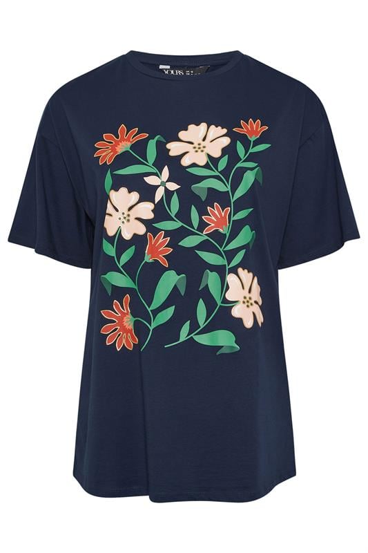 YOURS Curve Navy Blue Floral Print T-Shirt