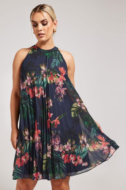 YOURS LONDON Curve Navy Blue Tropical Print Halter Neck Dress