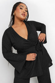 YOURS Curve Black Textured Flare Sleeve Wrap Top