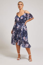 YOURS LONDON Curve Navy Blue Floral Print Ruffle Hem Dress