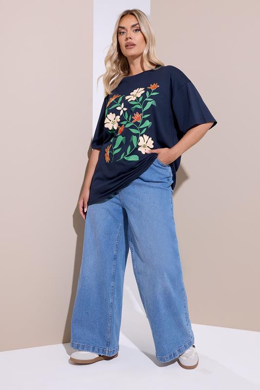 YOURS Curve Navy Blue Floral Print T-Shirt