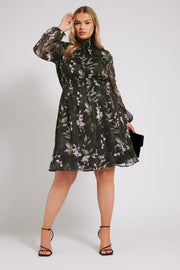 YOURS LONDON Curve Black Floral Print Metallic Collared Dress
