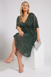YOURS LONDON Curve Green Sequin Wrap Dress