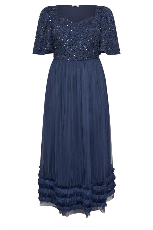 LUXE Curve Navy Blue Sequin Sweetheart Ruffle Maxi Dress