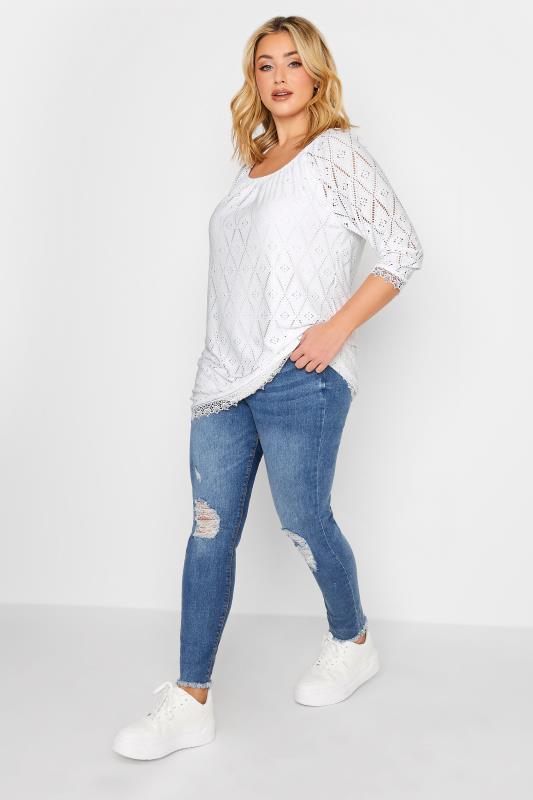 YOURS Curve White Pointelle Lace Trim Top