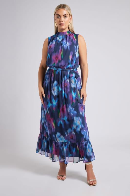 YOURS LONDON Curve Navy Blue Blurred Floral Print Maxi Dress
