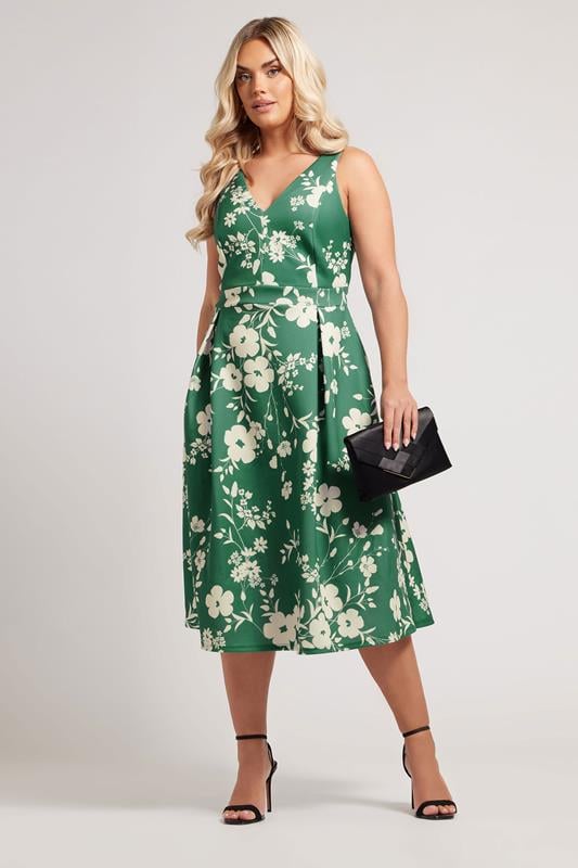 YOURS LONDON Curve Green Floral Print Pleated Midi Dress