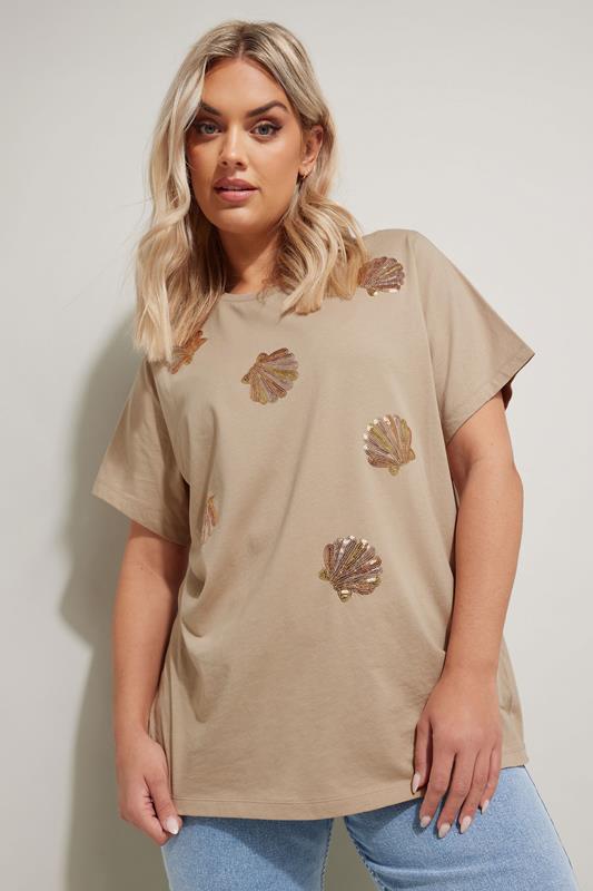 YOURS Curve Natural Brown Sequin Embellished Shell T-Shirt