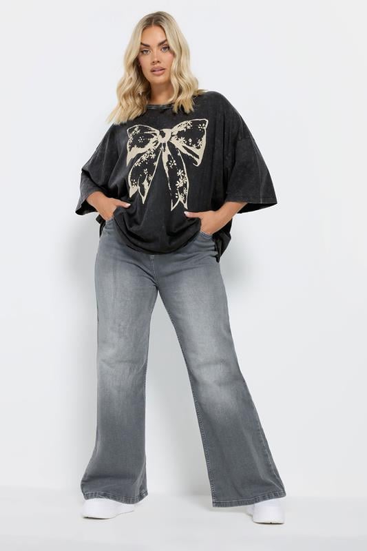 YOURS Curve Black Acid Wash Boxy Bow Graphic Print T-Shirt