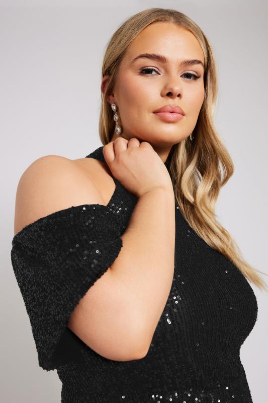 YOURS LONDON Curve Black Sequin Cold Shoulder Peplum Top