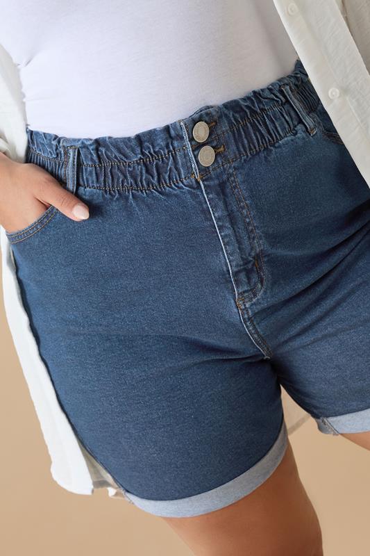 YOURS Curve Mid Blue Elasticated Waist Turn Up Denim Shorts