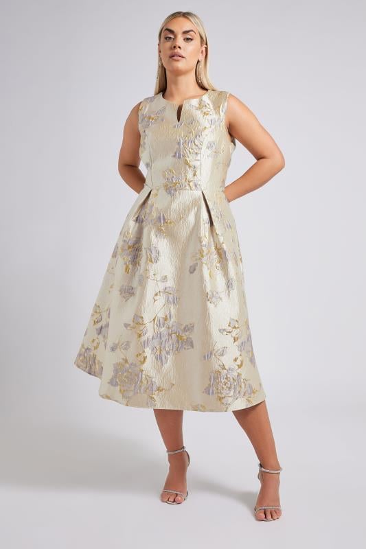 YOURS LONDON Curve Gold Floral Premium Satin Metallic Jacquard Midaxi Dress