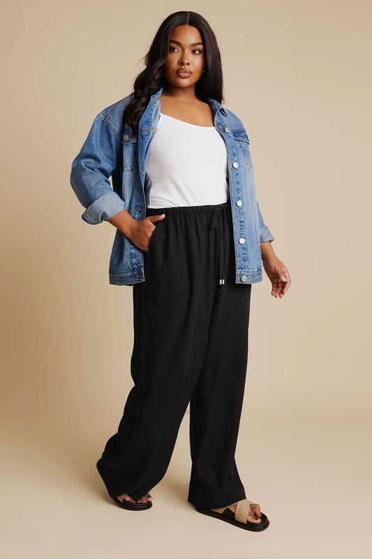 YOURS Curve Black Linen Tie Front Trousers