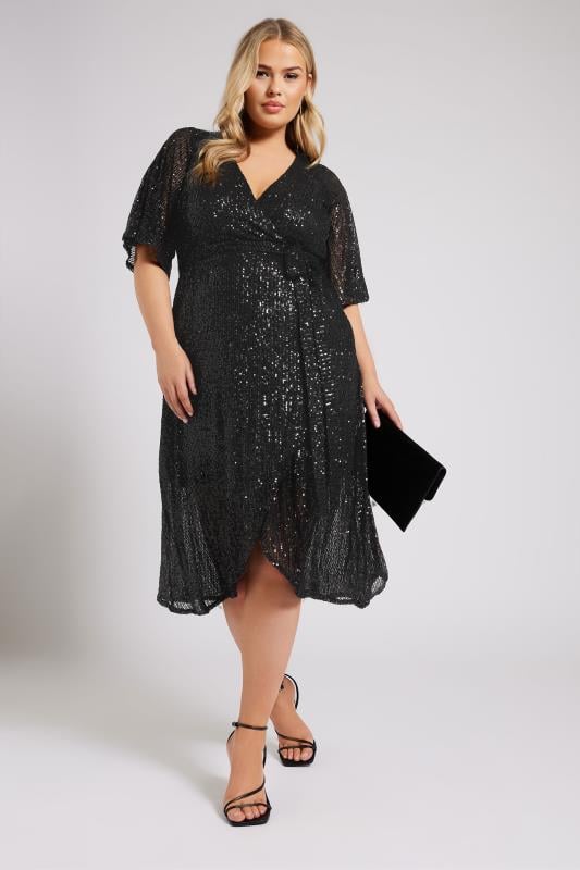 YOURS LONDON Curve Black Sequin Wrap Dress