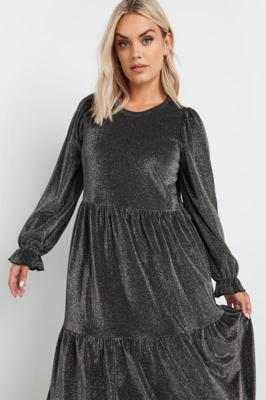 YOURS Curve Silver Metallic Tiered Midi Dress