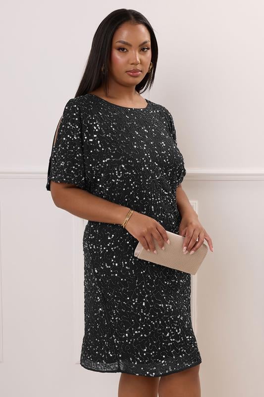 LUXE Curve Black Sequin Hand Embellished Cold Shoulder Cape Dress