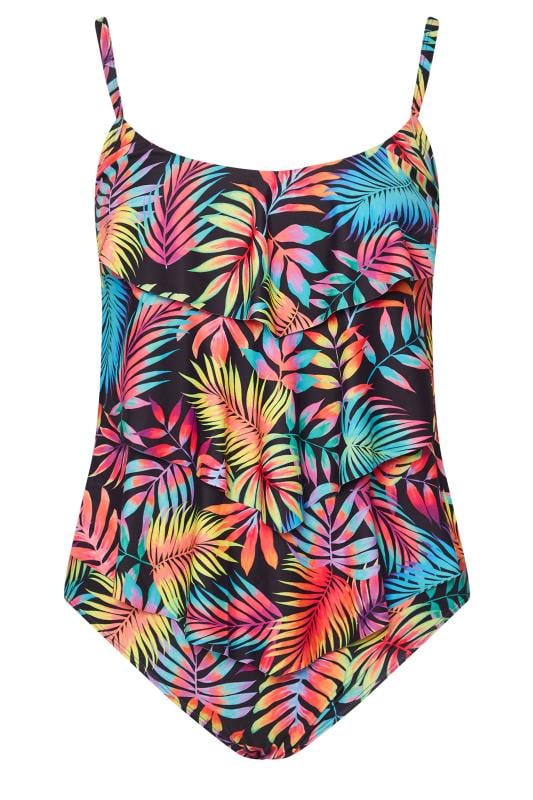 YOURS Curve Black Tropical Print Frill Swimsuit