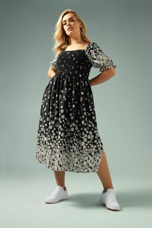 YOURS Curve Black Daisy Print Shirred Midi Dress