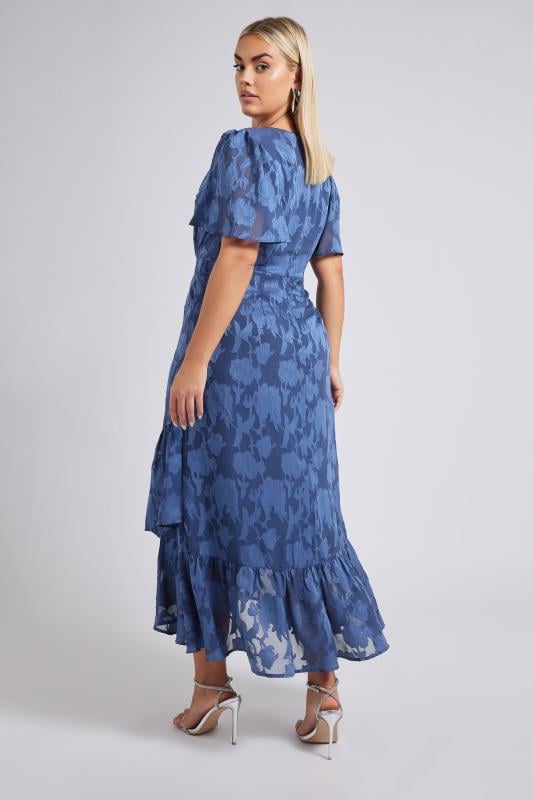YOURS LONDON Curve Navy Blue Jacquard Floral Wrap Ruffle Dress