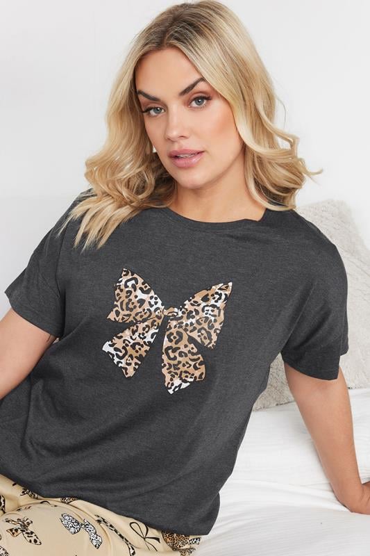YOURS Curve Grey Leopard Bow Print Wide Leg Pyjama Set