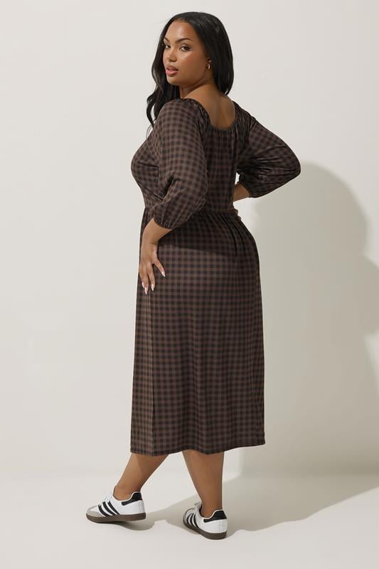 LIMITED COLLECTION Curve Brown Gingham Puff Sleeve Midi Dress
