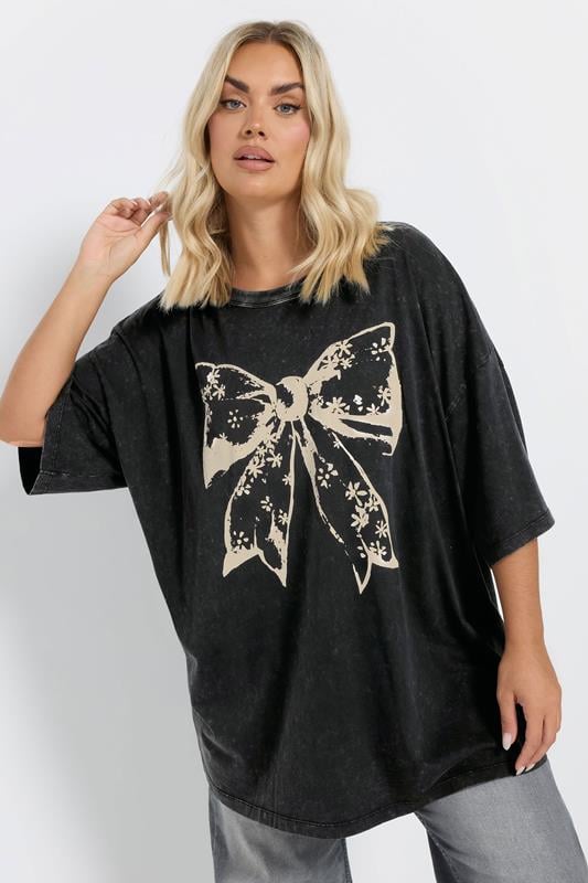 YOURS Curve Black Acid Wash Boxy Bow Graphic Print T-Shirt