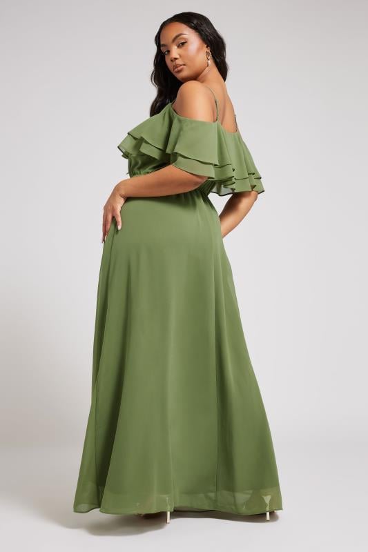 YOURS LONDON Curve Olive Green Frill Cold Shoulder Maxi Dress