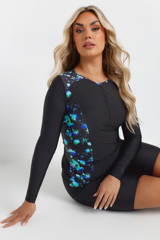 YOURS Curve Black & Green Splash Print Swim Top