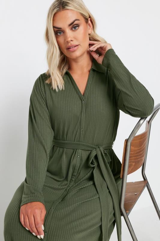 YOURS Curve Khaki Green Button Front Ribbed Tie Waist Midi Dress