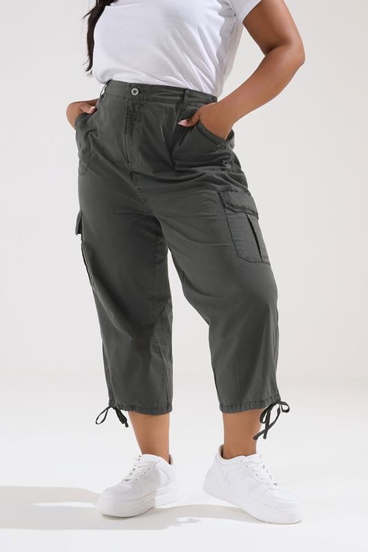 YOURS Curve Black Cotton Cropped Cargo Trousers